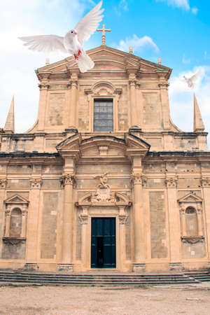 A beautiful view of the pigeon near the Jesuit. Ignatius in the historic city of Dubrovnik, Croatiaの写真素材