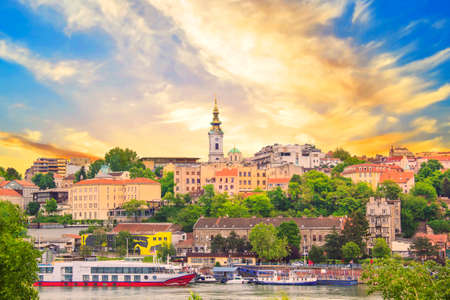 Beautiful view of the historic center of Belgrade on the banks of the Sava River, Serbiaのeditorial素材