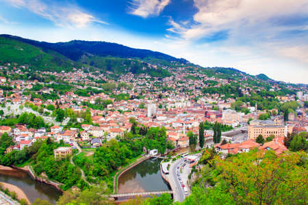 Beautiful view of the city of Sarajevo, Bosnia and Herzegovina, on a sunny dayの写真素材