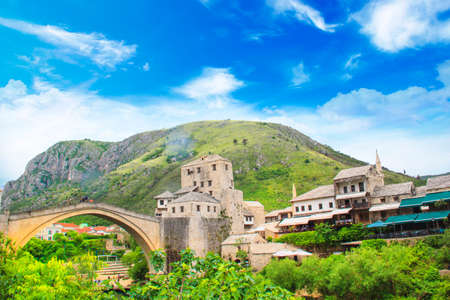Beautiful view of the medieval town of Mostar from the Old Bridge in Bosnia and Herzegovinaのeditorial素材