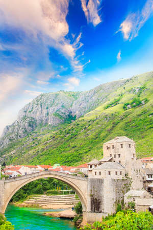Beautiful view of the medieval town of Mostar from the Old Bridge in Bosnia and Herzegovinaのeditorial素材