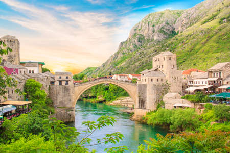 Beautiful view of the medieval town of Mostar from the Old Bridge in Bosnia and Herzegovinaのeditorial素材
