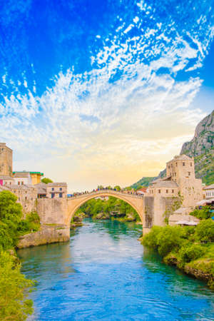 Beautiful view of the medieval town of Mostar from the Old Bridge in Bosnia and Herzegovinaの写真素材