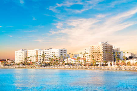 Beautiful view of the main street of Larnaca and Phinikoudes beach in Cyprusの写真素材