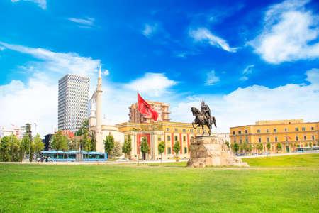 Monument to Skanderbeg in Scanderbeg Square in the center of Tirana, Albaniaのeditorial素材