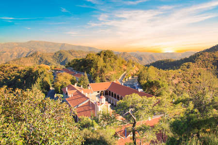 Beautiful view of the Trooditissa monastery in the Cedar Valley Nature Reserve in Cyprusの写真素材
