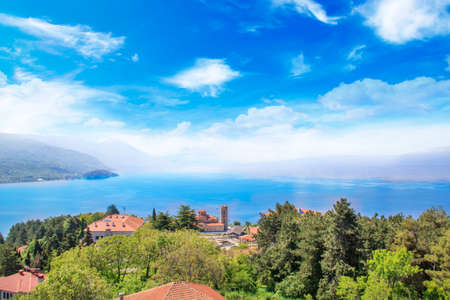 Beautiful view of the coast of Lake Ohrid in Macedoniaの写真素材