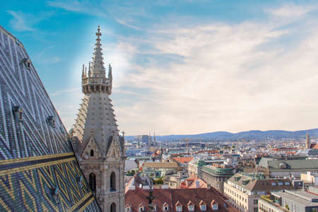 View of the city from the observation deck of St. Stephen's Cathedral in Vienna, Austriaの写真素材