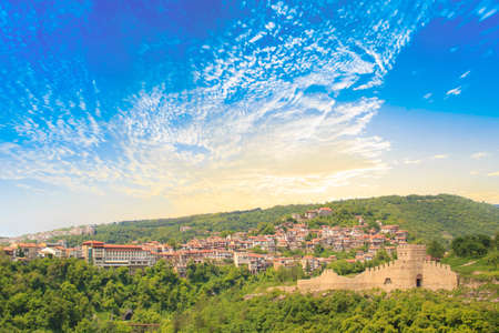 Beautiful view of the ancient fortress Tsarevets in the mountains, in Veliko Tirnovo, Bulgariaの写真素材