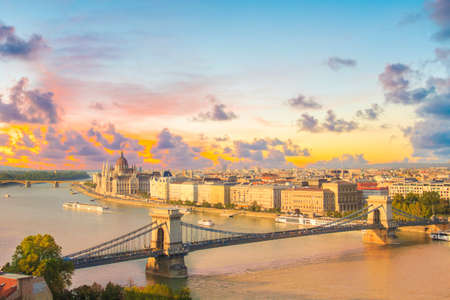 Beautiful view of the Hungarian Parliament and the chain bridge in Budapest, Hungaryの写真素材