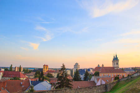 Beautiful view of the Minorit church, Eger, Hungary, at sunsetの写真素材