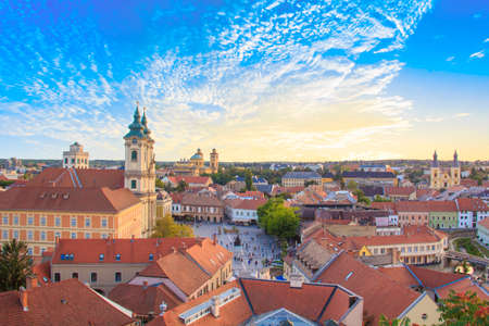 Beautiful view of the Minorit church, Eger, Hungary, at sunsetの写真素材