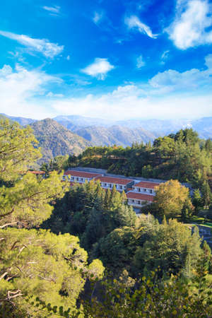 Beautiful view of the Trooditissa monastery in the Cedar Valley Nature Reserve in Cyprusの写真素材