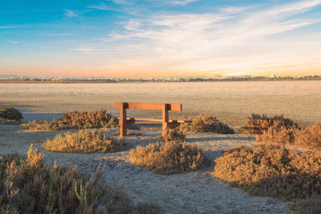 Beautiful view of a lonely bench over the seaの写真素材