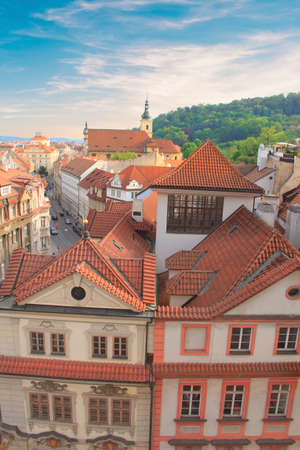 Beautiful view of tiled roofs in Prague's historic district, Czech Republicの写真素材