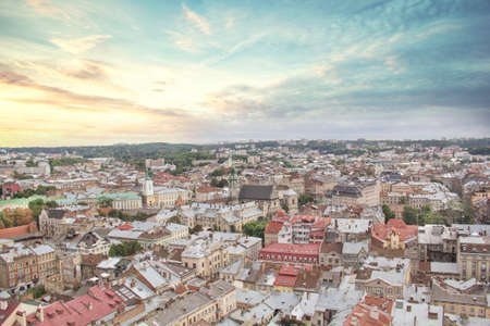 Beautiful view of the Dominican Cathedral, the Assumption Church and the historic center of Lviv, Ukraine, on a sunny dayの写真素材