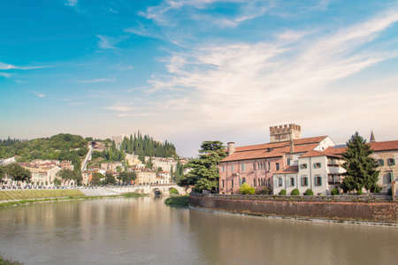 Beautiful view of the embankment of the Adige river in Verona, Italyの写真素材