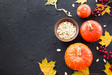 Nice view of pumpkin and autumn leaves. Creative atmospheric decoration