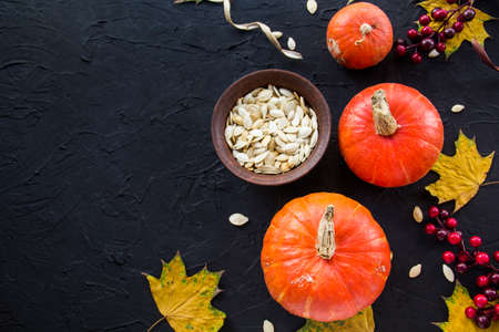 Nice view of pumpkin and autumn leaves. Creative atmospheric decoration