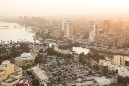 CAIRO, EGYPT - DECEMBER 29, 2021: Beautiful view of the center of Cairo and Zamalek island from the Cairo Tower in Cairo, Egyptのeditorial素材