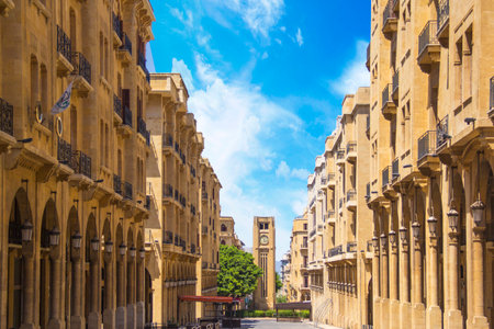 A view of the clock tower in Nejmeh Square in Beirut, Lebanon, some local architecture of downtown Beirut, Lebanonの写真素材