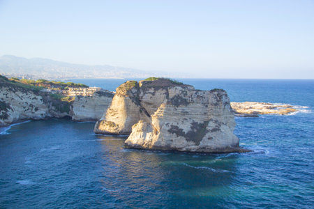 Beautiful view of the Pigeon Rocks on the promenade in the center of Beirut, Lebanonの写真素材