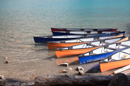 Beautiful view of kayak dock at Lake Moraine in Banff National Park in Canadaの写真素材