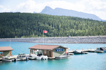 Beautiful view of Minnewanka Lake in Banff National Park in Canadaのeditorial素材