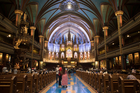 Beautiful view of the interior in the Notre-Dame Basilica of Montreal in Montreal, Canada