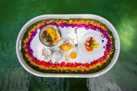 Beautiful view of the breakfast in a swimming pool