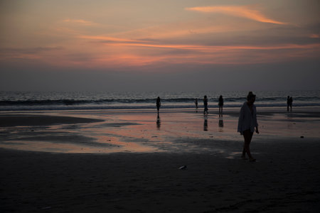 Beautiful view of Seminyak beach at sunset in Bali, Indonesiaの写真素材