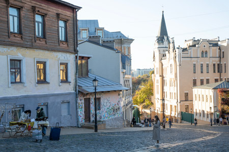 Beautiful view of the famous street Andreevsky descent on Podili district in Kyiv, Ukraine