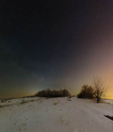 Dark night landscape with Milky Way. Winter night landscape in Kryviy Rih, Ukraine at the March