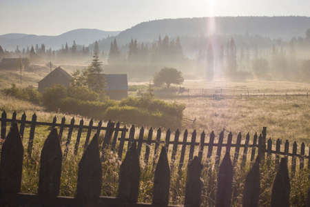 Morning dew fog sun rays in mountainsの写真素材