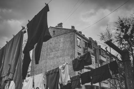 old wooden window frame with broken glassの写真素材