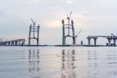 Construction of a cable-stayed bridge, a part of future Western Rapid Diameter of Saint Petersburg, Russiaの写真素材
