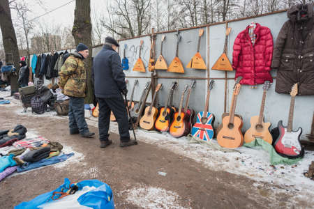 Saint Petersburg, Russia - February 15, 2020: balalaikas and guitars at the flea market at Udelnaya.のeditorial素材