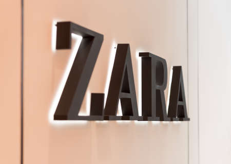 Bangkok, Thailand - May 26, 2019: a closeup of ZARA clothing shop sign.