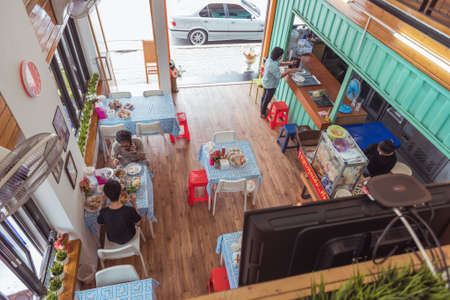 Bangkok, Thailand - August 21, 2018: an interior of a restaurant in Ram 2, Prawet. Pork noodle soup for 35-40 baht a plate (1.2$).のeditorial素材