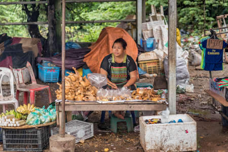 Vientiane, Laos - August 9, 2018: a woman sells chopped boiled chicken, fruits and drinks in the street full of various sorts of garbage and next to Fly Emirates T-shirt at Khua Din Bus Station areaのeditorial素材