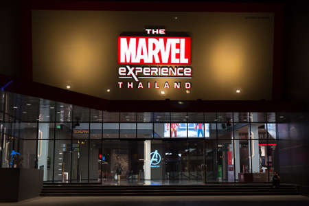 Bangkok, Thailand - August 3, 2018: The facade of The Marvel Experience Thailand, a superhero themed attraction, at night.のeditorial素材
