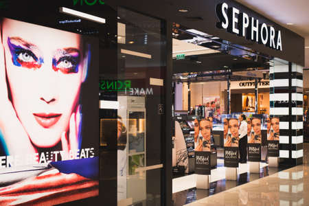 Bangkok, Thailand - August 31, 2018: the exterior of Sephora shop including a large placard with a woman's face in Mega Bangna Shopping Mall.のeditorial素材