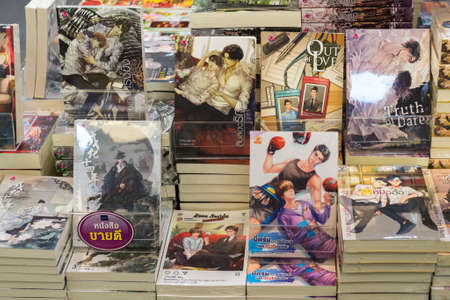 Bangkok, Thailand - June 30, 2018: gay romance fiction books on a shelves of a book shop.のeditorial素材