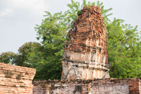 Brick ruins of a tower of an ancient Buddhist temple Wat Phra Mahathat (Mahatat) in Ayutthaya, Thailand.の写真素材