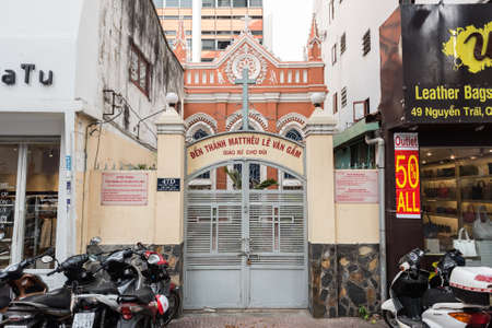 Ho Chi Minh, Vietnam - April 29, 2018: A tiny Catholic church (Den thanh Mattheu Le Van Gam) in Nguyen Trai Street.のeditorial素材