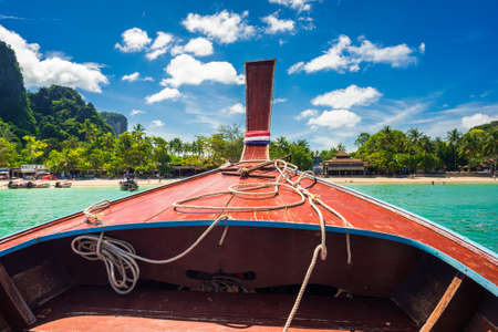 Traveling by long tail boat to Railay Beach, Krabi. Vacation in Thailand.のeditorial素材