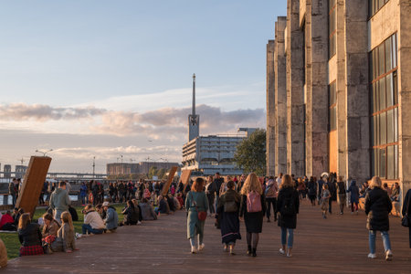Saint Petersburg, Russia - October 10, 2020: the crowded seaside of Sevkabel Port and Marine Station (Morskoy Vokzal). A former cable workshop, Sevkabel is a public space housing events and eateriesのeditorial素材