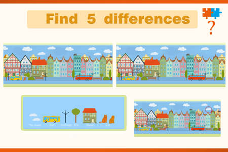 Find the difference in a children's game with houses and cats on the streetのイラスト素材