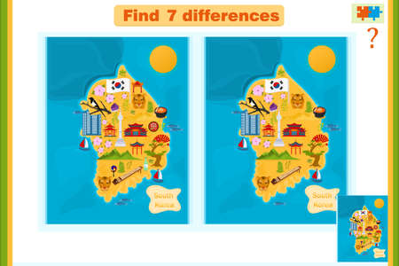 Child Game. Find the difference. South Korea map with national symbols.のイラスト素材