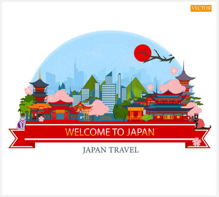 Vector postcard. Travel to Japan. Ancient templesのイラスト素材
